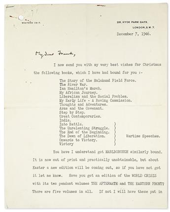 CHURCHILL, WINSTON S. Typed Letter Signed, with 3-line Autograph Postscript and holograph salutation and closing, to Colonel Frank W. C